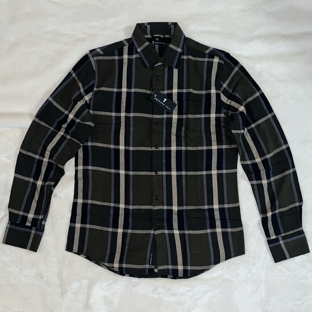 American Tall Nelson Flannel Shirt for Tall Men in Olive Plaid
